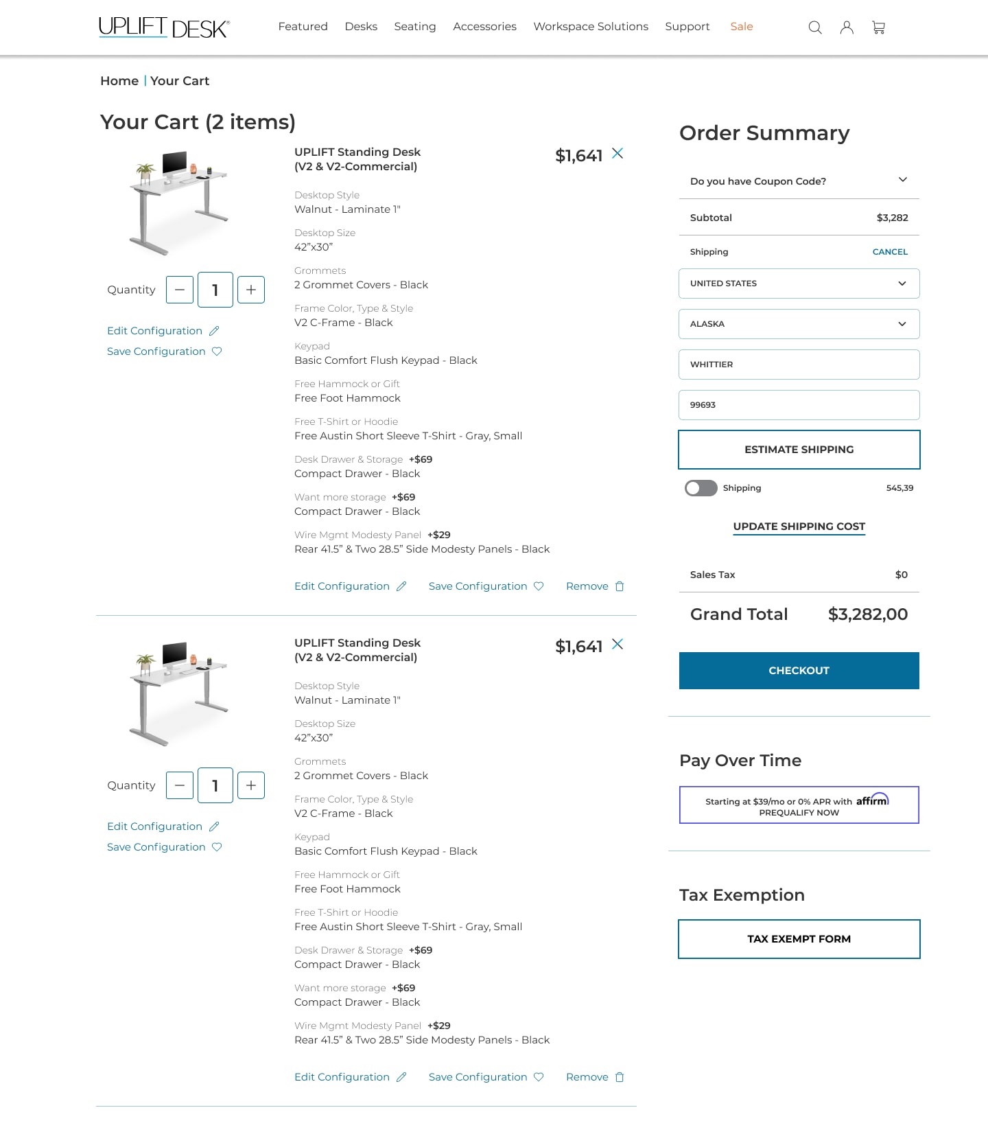 Cart page Shipping Address Drop Down Menu
