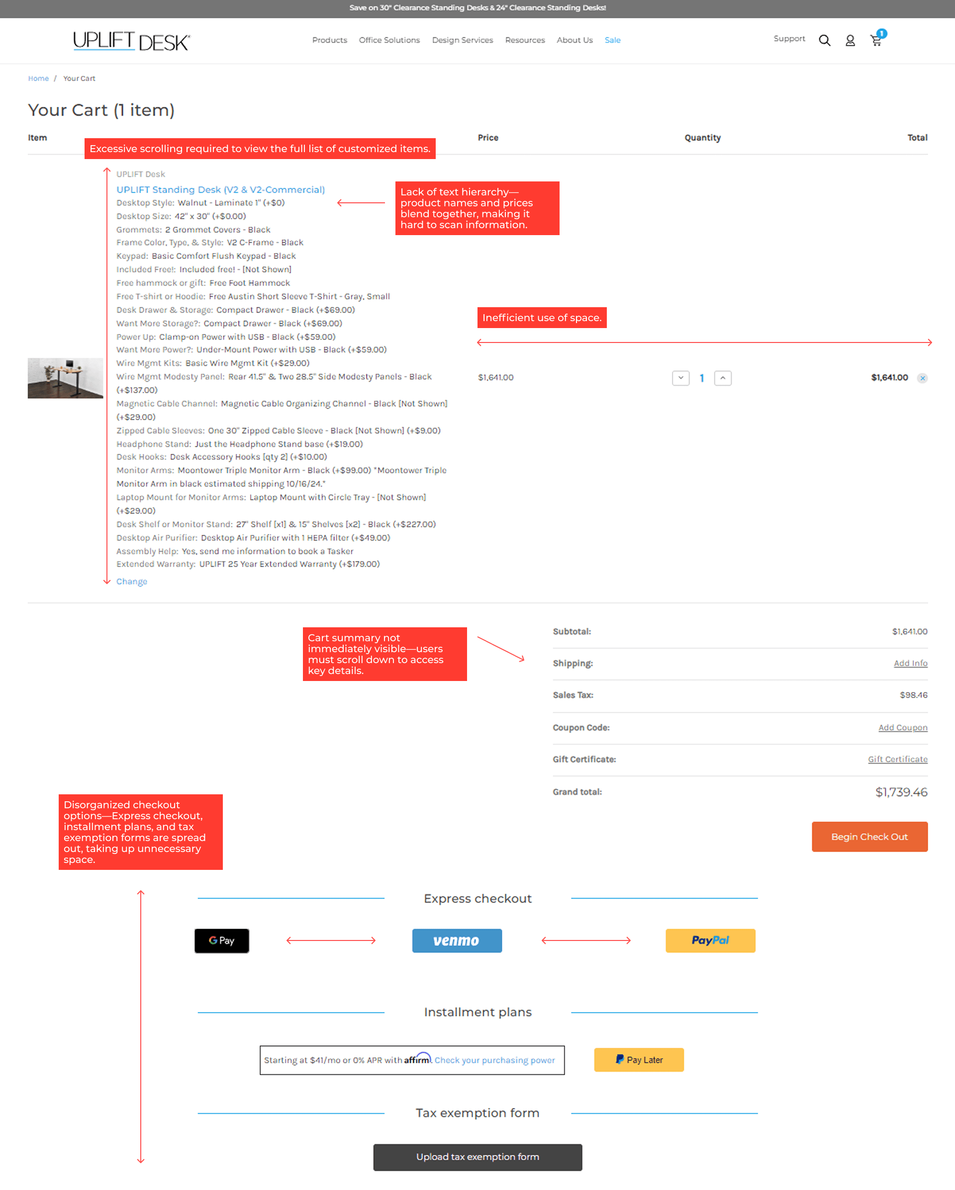 Cart page before